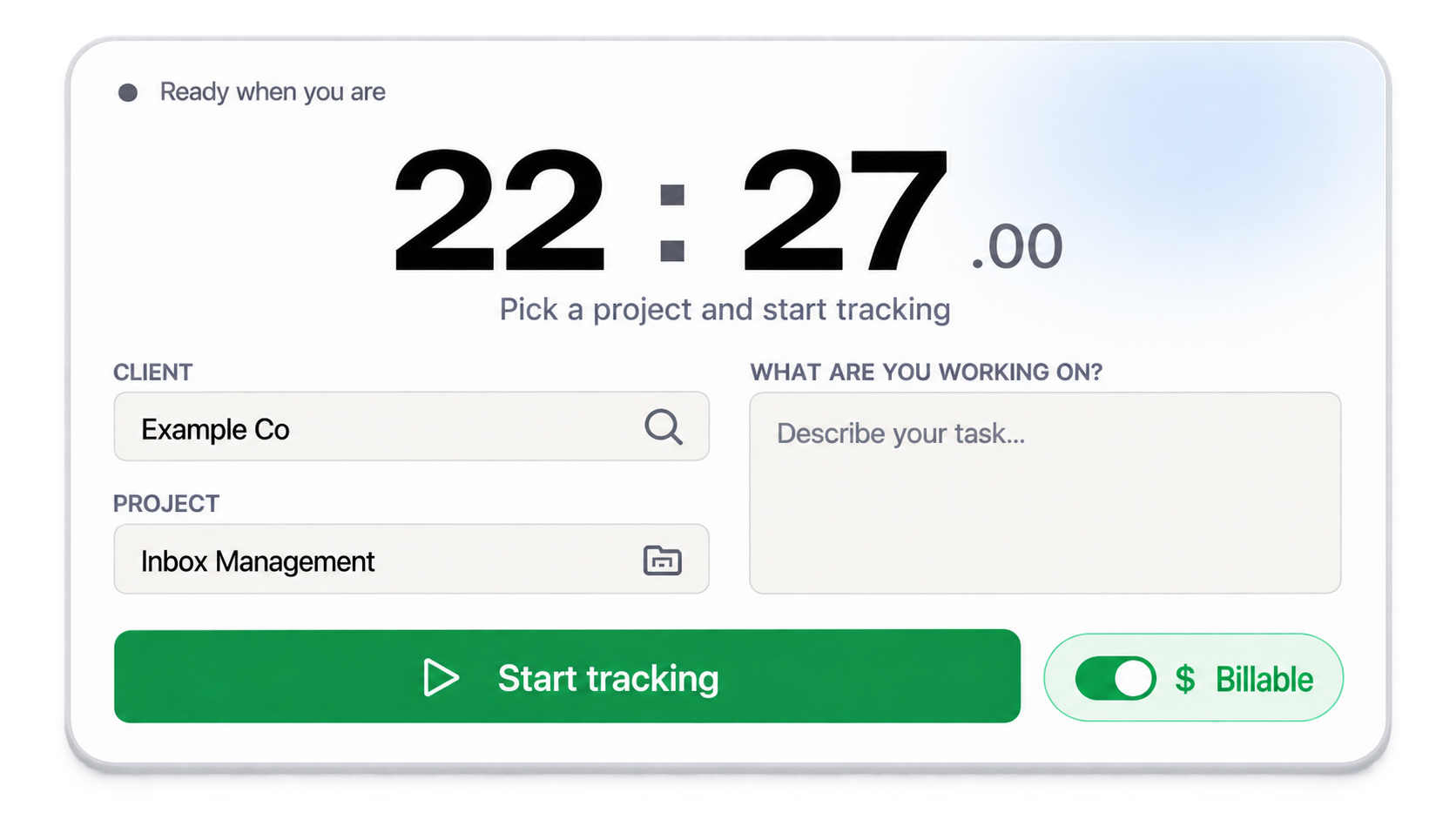 The Clocksy timer with client, project, task notes and a billable toggle