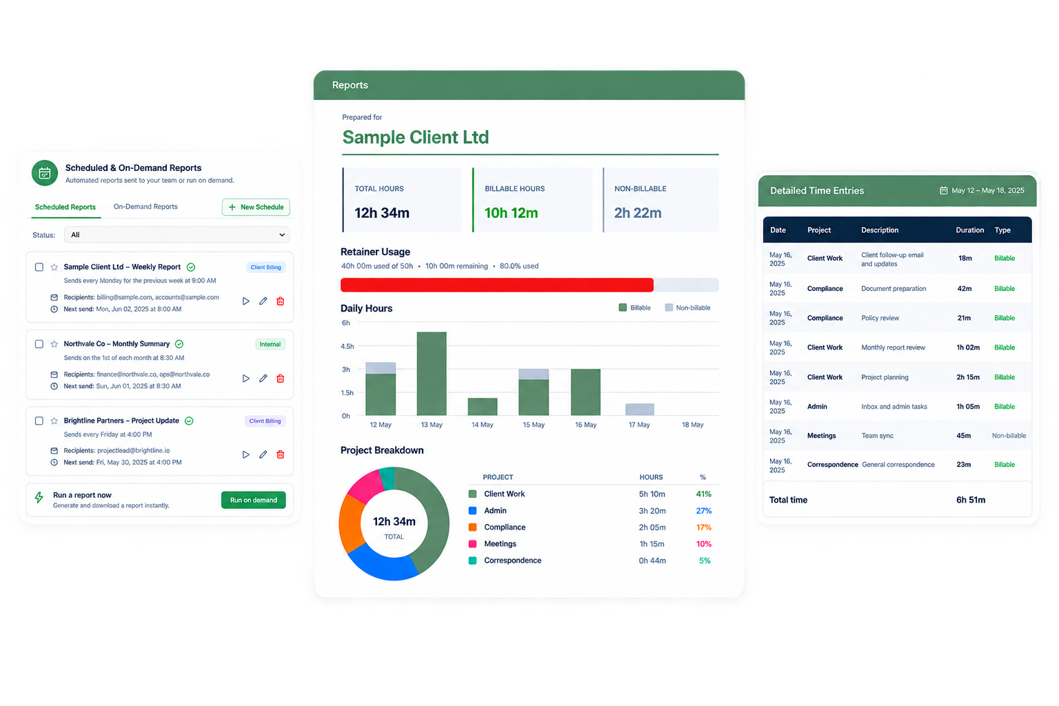 Clocksy scheduled and on-demand client reports, with a generated report and detailed time entries